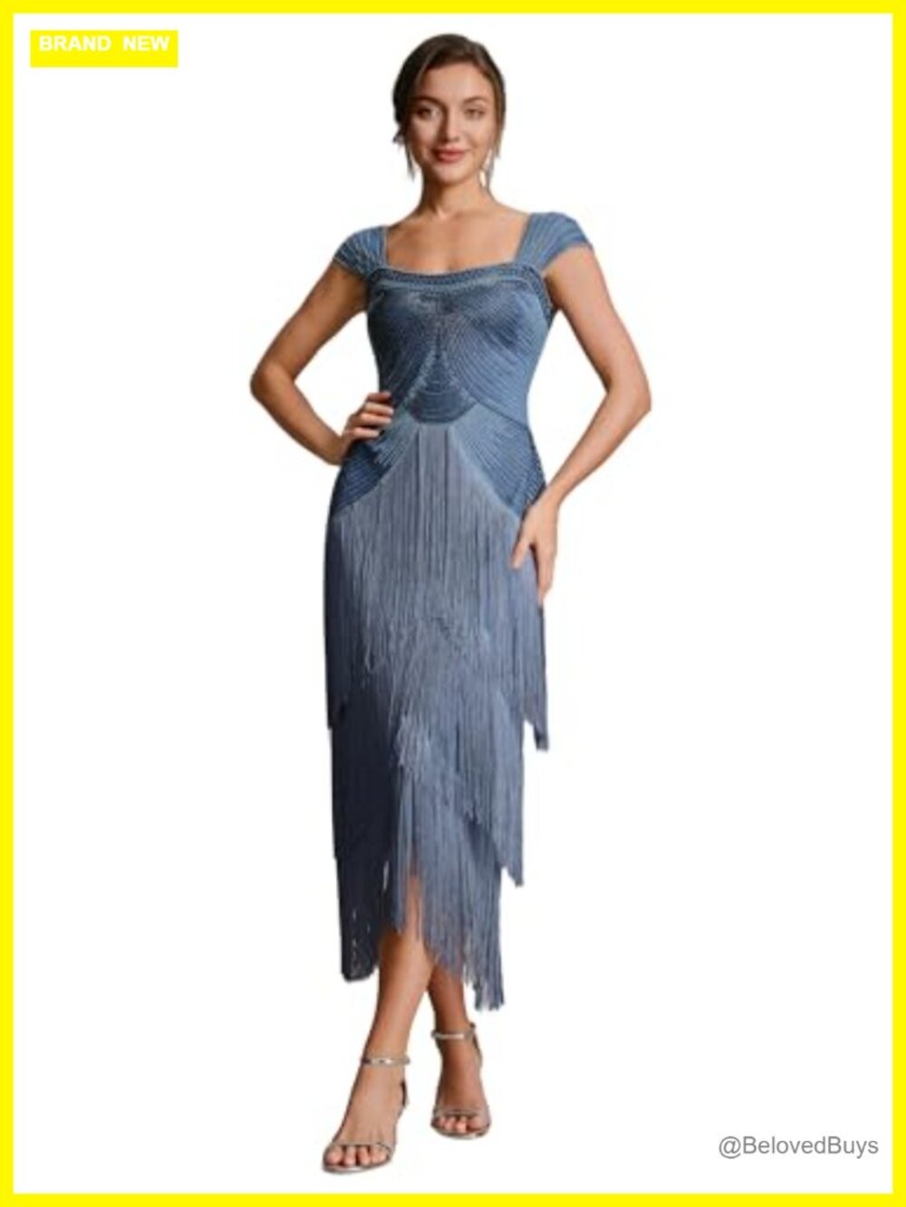 Vintage Flapper Midi Dress Cap Sleeve Sequin Beaded Formal